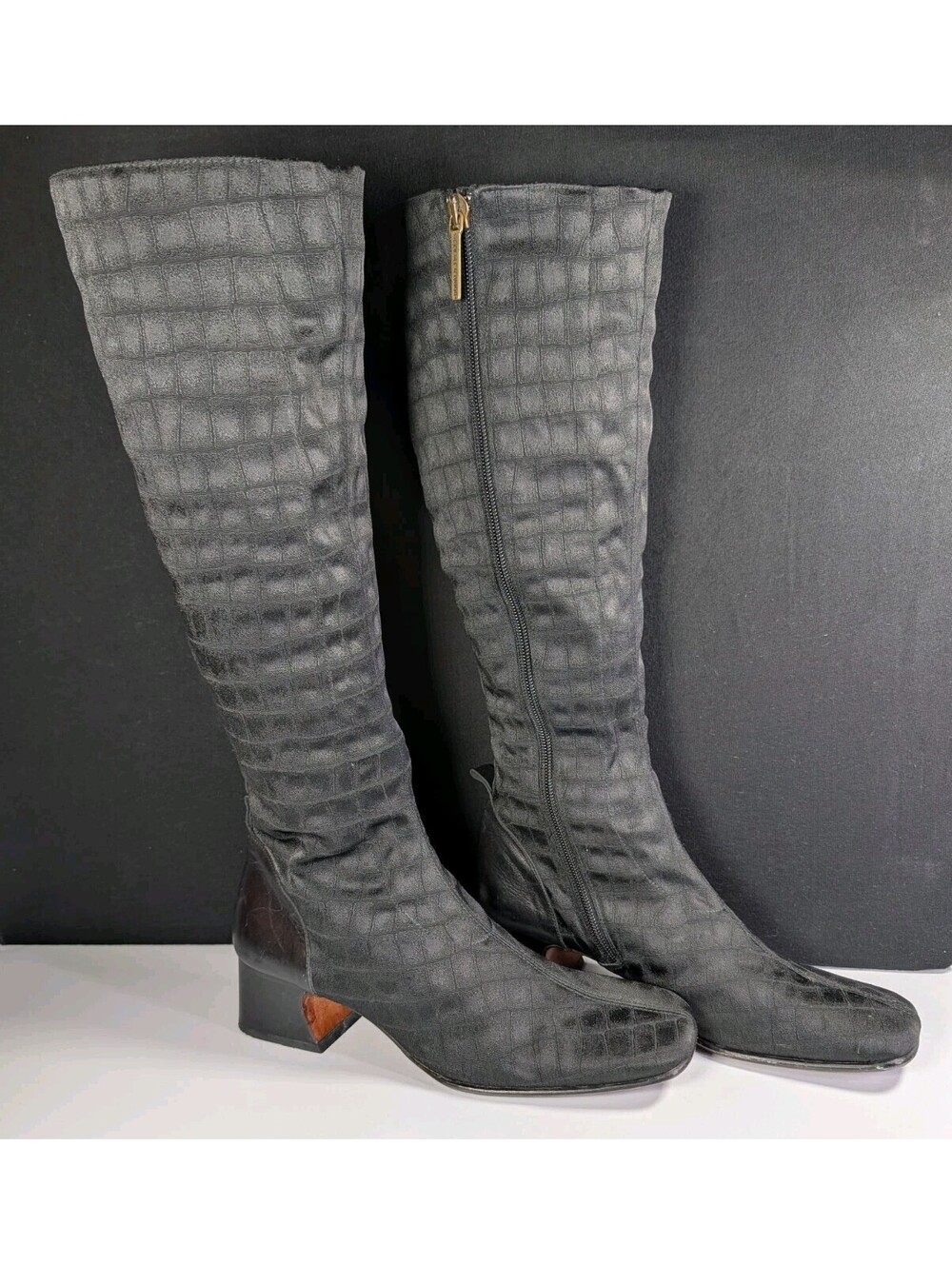 Donald J Pliner Womens 7 M Black Croc Embossed Knee High Boots Block Heel Zipper